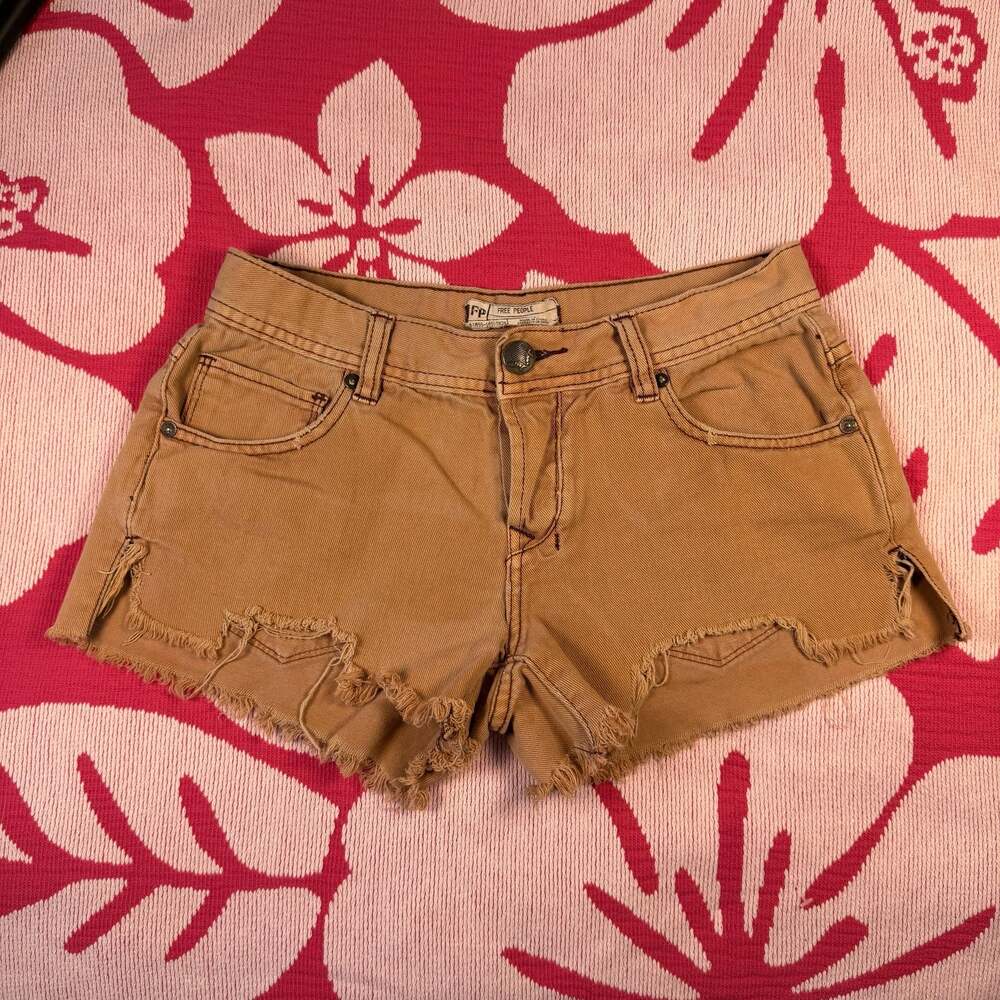 Free People Women's Tan Denim Button Fly Raw Hem Cut-Off Shorts Sz 25